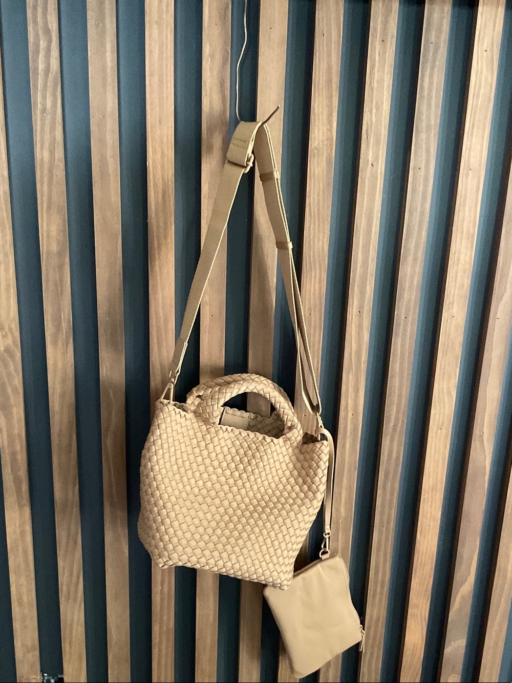Madison West Tan Woven Shoulder Bag with Detachable Pouch